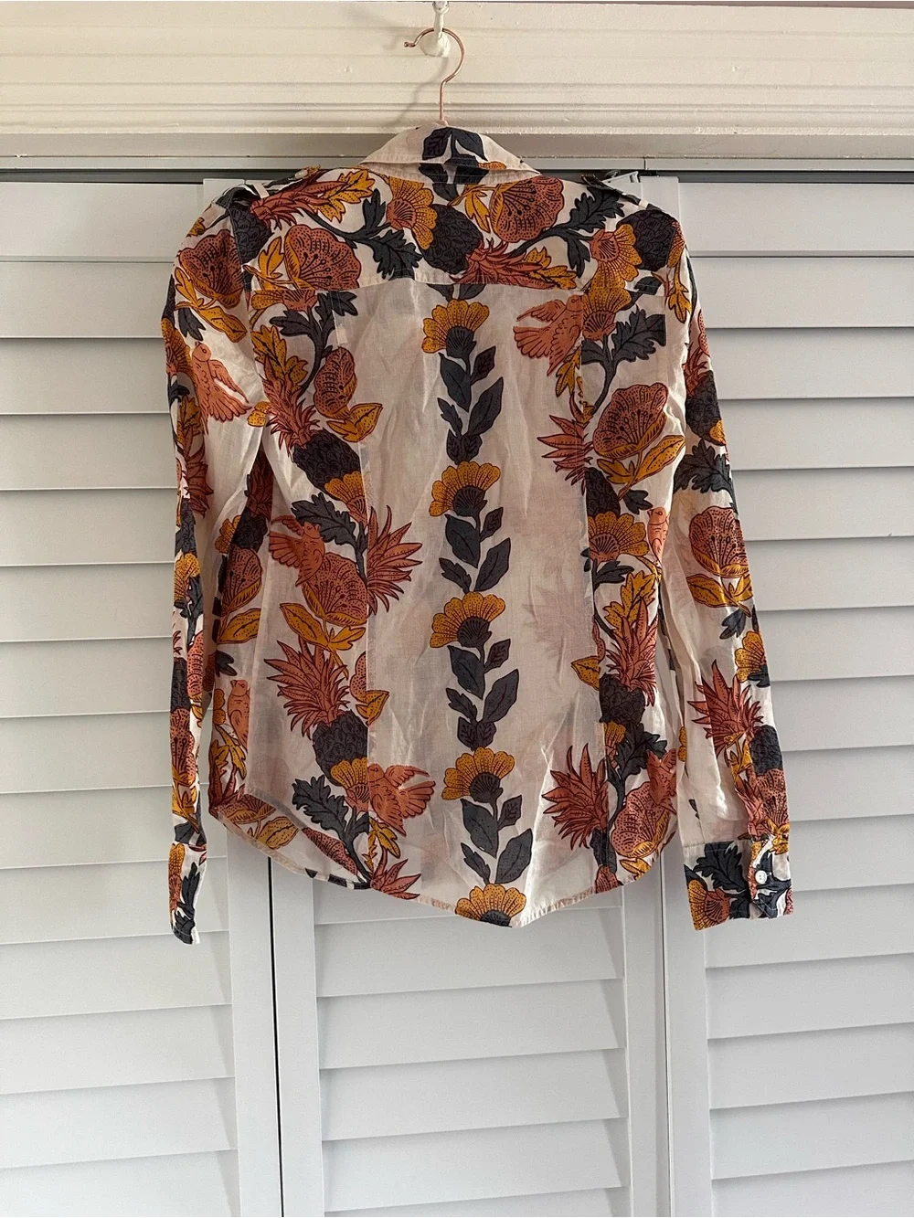 Tory Burch Floral Button-Front Long-Sleeve Top in Cream and Rust